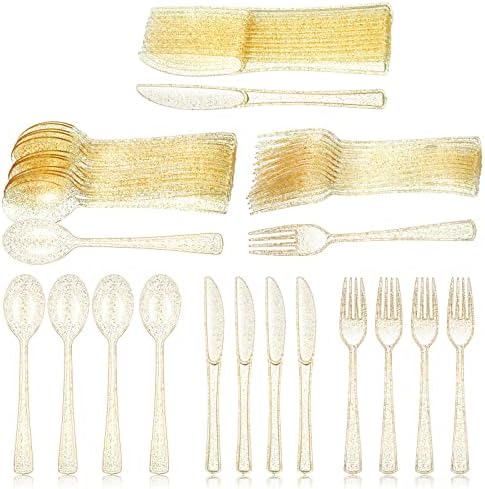 Gold Glitter Plastic Cutlery Set for 6 Guests (18 pieces)