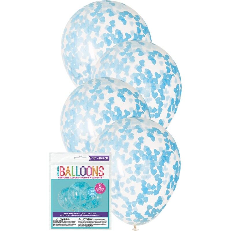 16" Latex Blue Hearts Confetti Balloons, Pack of 5