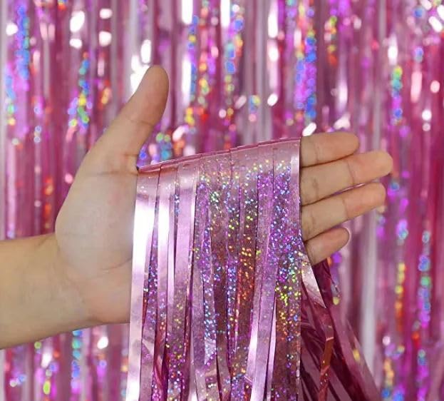 3pcs 2M X 1M Metallic Tinsel Curtains Aluminium Foil Flow Silk Curtain, Frosted Pale Pink