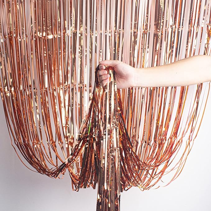 3pcs 2M X 1M Metallic Tinsel Curtains Aluminium Foil Flow Silk Curtain, Rose Gold - Image 2