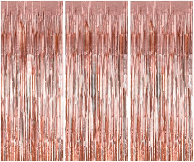 3pcs 2M X 1M Metallic Tinsel Curtains Aluminium Foil Flow Silk Curtain, Rose Gold